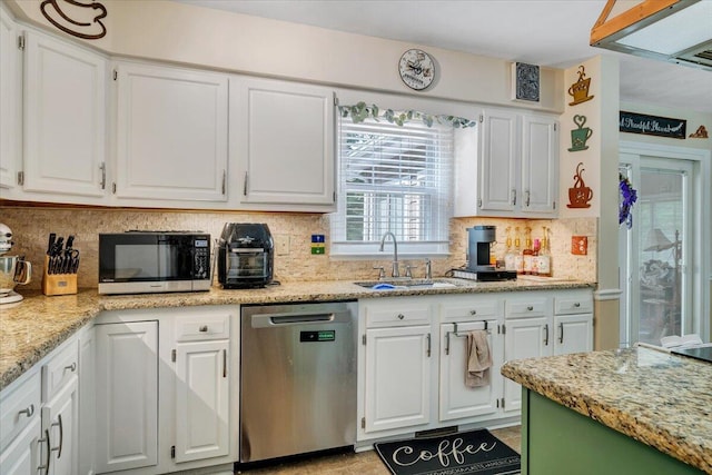 201 Jay Ridge Rd, Cloverdale, VA 24077 - kitchen with stainless steel appliances, a sink, white cabinets, and decorative backsplash