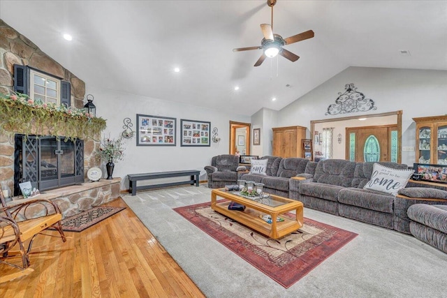 5335 Catawba Valley Dr, Catawba, VA 24070 - living area with a fireplace, a ceiling fan, wood finished floors, recessed lighting, and high vaulted ceiling