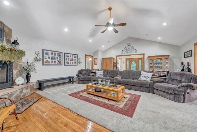 5335 Catawba Valley Dr, Catawba, VA 24070 - living room featuring vaulted ceiling, ceiling fan, hardwood / wood-style floors, and recessed lighting