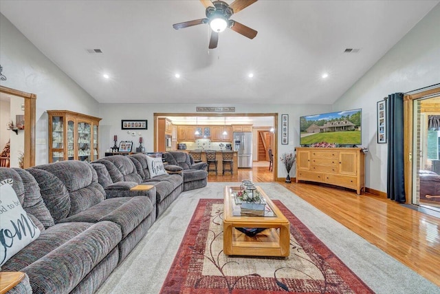 5335 Catawba Valley Dr, Catawba, VA 24070 - living room with lofted ceiling, recessed lighting, light wood finished floors, and ceiling fan
