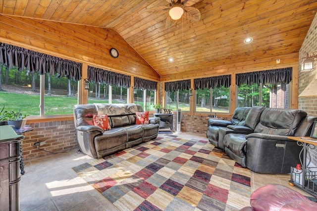 5335 Catawba Valley Dr, Catawba, VA 24070 - living room with wood ceiling, lofted ceiling, brick wall, and wooden walls