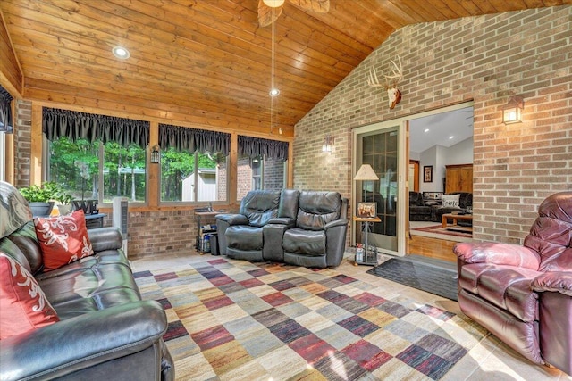 5335 Catawba Valley Dr, Catawba, VA 24070 - living area featuring wooden ceiling, brick wall, and high vaulted ceiling