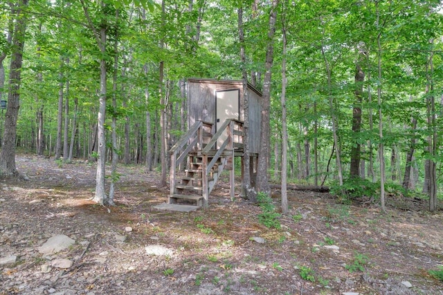 5335 Catawba Valley Dr, Catawba, VA 24070 - view of outdoor structure featuring stairway and a forest view