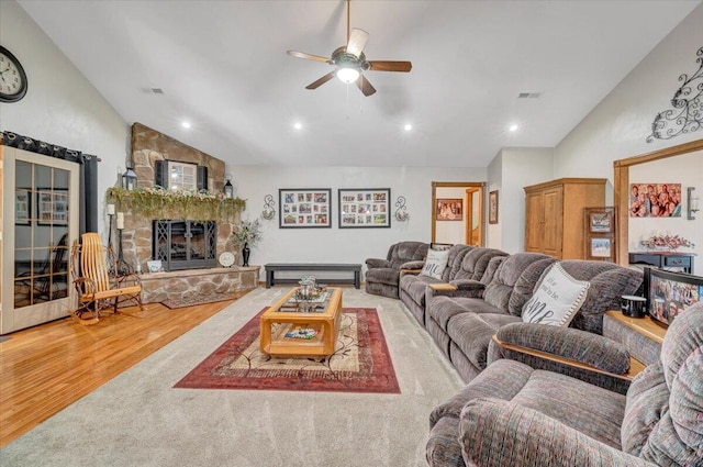 5335 Catawba Valley Dr, Catawba, VA 24070 - living room featuring vaulted ceiling, wood finished floors, ceiling fan, a fireplace, and recessed lighting