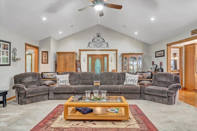 5335 Catawba Valley Dr, Catawba, VA 24070 - living room featuring a ceiling fan, light colored carpet, recessed lighting, and high vaulted ceiling