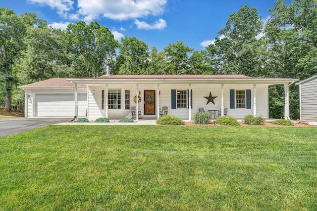 139 Lynville Dr, Hardy, VA 24101 - ranch-style house with driveway, a porch, a garage, and a front yard