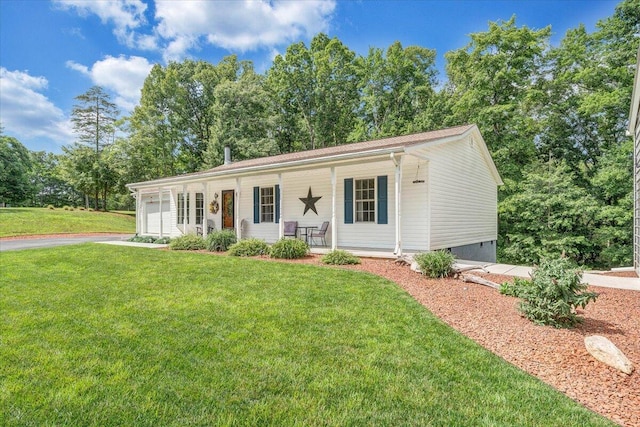 139 Lynville Dr, Hardy, VA 24101 - ranch-style home with covered porch, a garage, a front lawn, concrete driveway, and crawl space