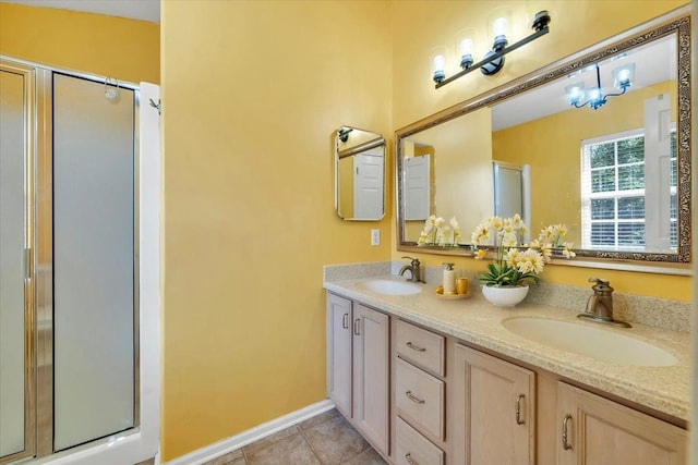 6061 Chagall Dr, Roanoke, VA 24018 - bathroom with double vanity, a shower stall, and tile patterned floors