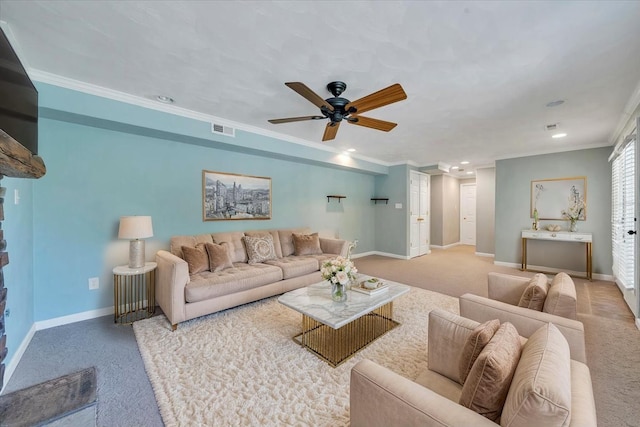 6061 Chagall Dr, Roanoke, VA 24018 - carpeted living room featuring ornamental molding, a ceiling fan, recessed lighting, and a fireplace