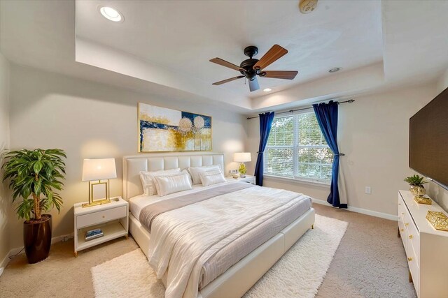 6061 Chagall Dr, Roanoke, VA 24018 - bedroom with a tray ceiling, light colored carpet, recessed lighting, and a ceiling fan