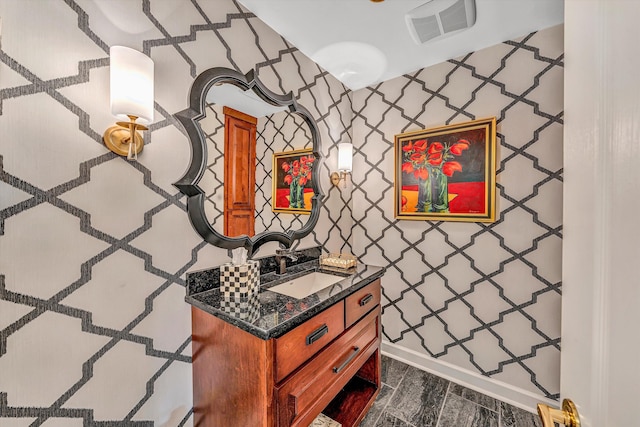 200 Fairway Dr, Penhook, VA 24137 - bathroom featuring vanity, wood finished floors, and wallpapered walls