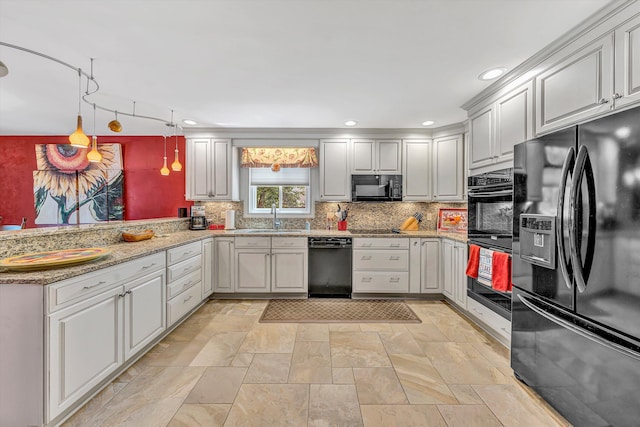 200 Fairway Dr, Penhook, VA 24137 - kitchen featuring black appliances, a sink, tasteful backsplash, a peninsula, and light stone finish flooring