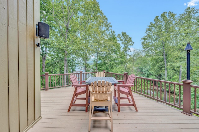 200 Fairway Dr, Penhook, VA 24137 - wooden terrace with outdoor dining area and view of wooded area