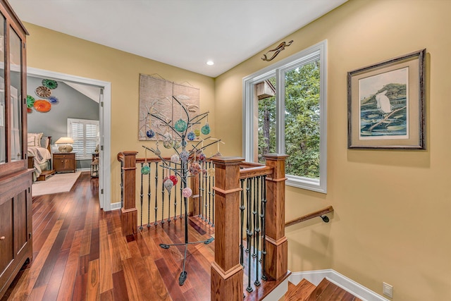 200 Fairway Dr, Penhook, VA 24137 - hallway with an upstairs landing, wood-type flooring, baseboards, and recessed lighting