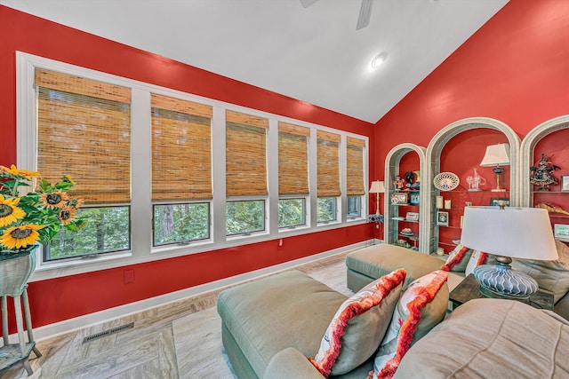 200 Fairway Dr, Penhook, VA 24137 - bedroom with baseboards, high vaulted ceiling, and a ceiling fan