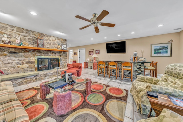 200 Fairway Dr, Penhook, VA 24137 - living room with ceiling fan, recessed lighting, a fireplace, and tile patterned flooring