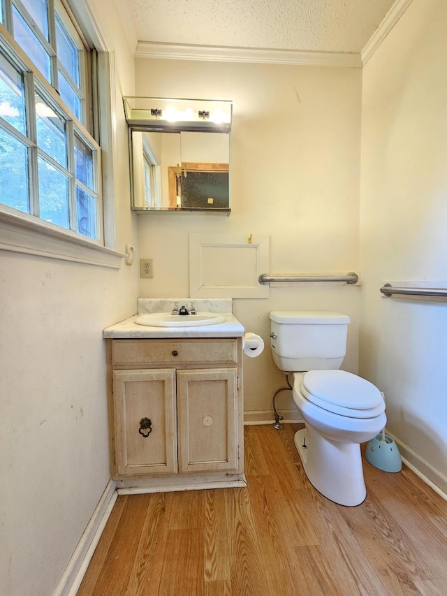 3 Pine Ln, New Castle, VA 24127 - bathroom with ornamental molding, toilet, wood finished floors, vanity, and a textured ceiling