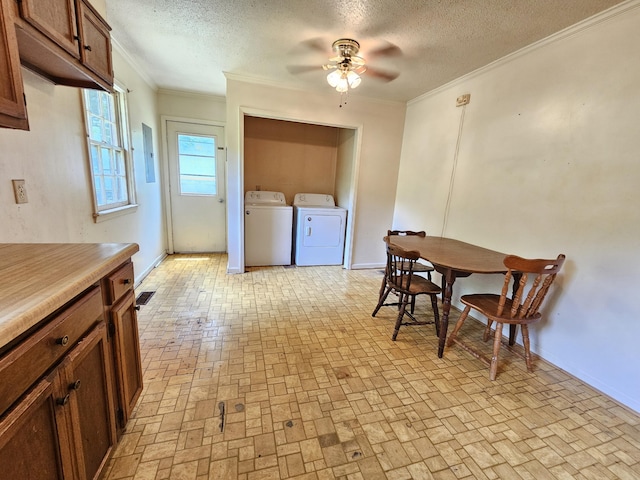 3 Pine Ln, New Castle, VA 24127 - dining space featuring brick patterned flooring, a ceiling fan, a textured ceiling, baseboards, and crown molding