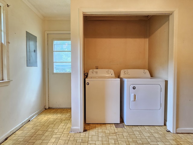 3 Pine Ln, New Castle, VA 24127 - washroom with electric panel, washing machine and clothes dryer, ornamental molding, brick patterned floors, and baseboards