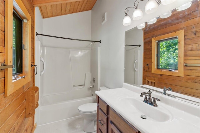 612 Peters Creek Dr, Stuart, VA 24171 - full bath with vanity, wood ceiling, tub / shower combination, wood walls, and vaulted ceiling