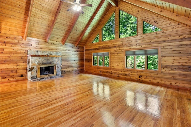 612 Peters Creek Dr, Stuart, VA 24171 - unfurnished living room with high vaulted ceiling, wooden walls, a wood ceiling with exposed beams, a stone fireplace, and hardwood / wood-style flooring