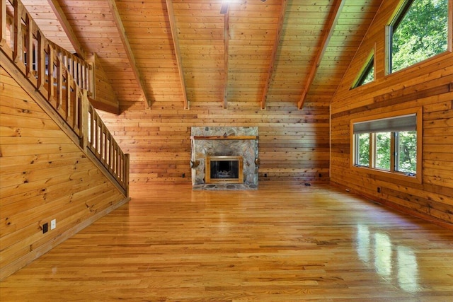 612 Peters Creek Dr, Stuart, VA 24171 - unfurnished living room with a wooden ceiling with exposed beams, wooden walls, light wood-style flooring, stairway, and a stone fireplace