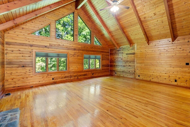 612 Peters Creek Dr, Stuart, VA 24171 - unfurnished room with a wood ceiling with exposed beams, wood walls, wood-type flooring, ceiling fan, and high vaulted ceiling