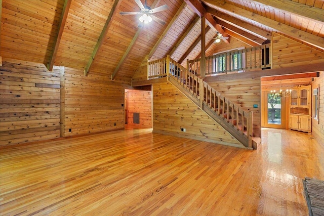 612 Peters Creek Dr, Stuart, VA 24171 - unfurnished living room with wooden walls, ceiling fan, wood-type flooring, high vaulted ceiling, and a wooden ceiling with exposed beams