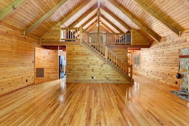 612 Peters Creek Dr, Stuart, VA 24171 - unfurnished living room featuring wooden walls, a wood ceiling with exposed beams, hardwood / wood-style floors, and high vaulted ceiling