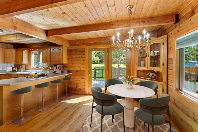 612 Peters Creek Dr, Stuart, VA 24171 - dining room featuring wooden walls, a chandelier, light wood-type flooring, healthy amount of natural light, and a wooden ceiling with exposed beams