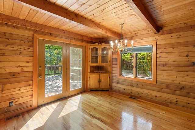 612 Peters Creek Dr, Stuart, VA 24171 - unfurnished dining area with plenty of natural light, a wood ceiling with exposed beams, a chandelier, wooden walls, and light wood finished floors
