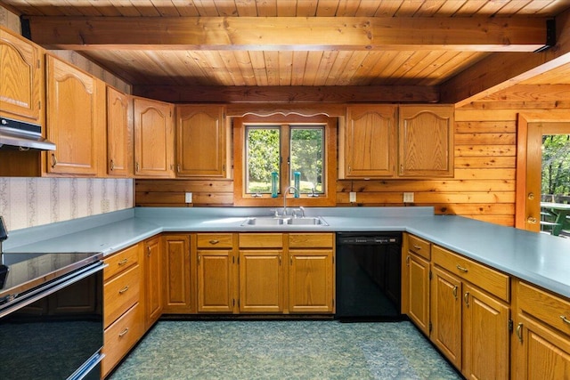 612 Peters Creek Dr, Stuart, VA 24171 - kitchen with black appliances, a wood ceiling with exposed beams, dark flooring, light countertops, and under cabinet range hood