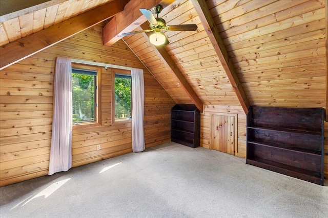612 Peters Creek Dr, Stuart, VA 24171 - additional living space with carpet, wood ceiling, wooden walls, and ceiling fan