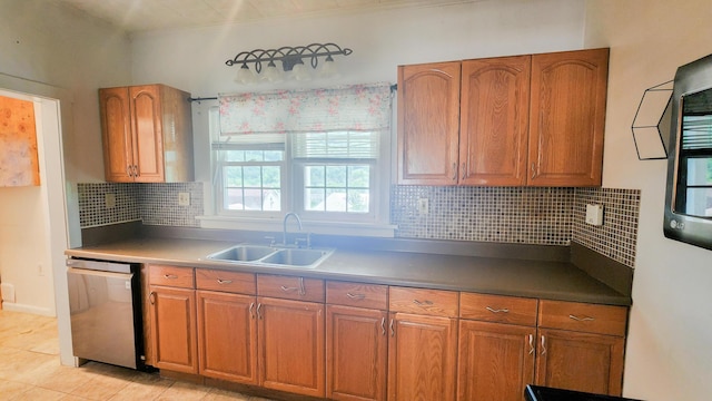 611 Alleghany St, Clifton Forge, VA 24422 - kitchen with dishwasher, a sink, brown cabinetry, and decorative backsplash
