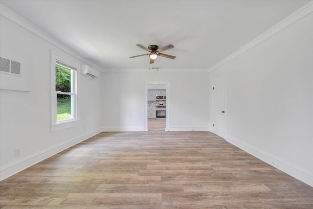 496 Boyd St, Buchanan, VA 24066 - unfurnished room with a ceiling fan, crown molding, light wood finished floors, and a wall mounted air conditioner