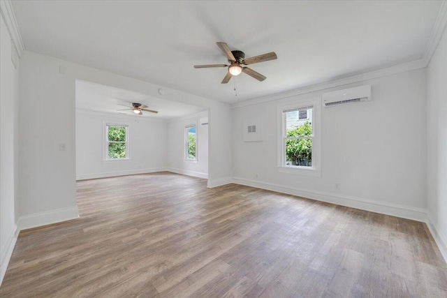 496 Boyd St, Buchanan, VA 24066 - empty room featuring a wall mounted air conditioner, a ceiling fan, wood finished floors, and crown molding
