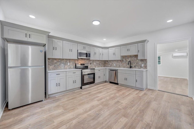 496 Boyd St, Buchanan, VA 24066 - kitchen with stainless steel appliances, gray cabinets, light countertops, backsplash, and recessed lighting
