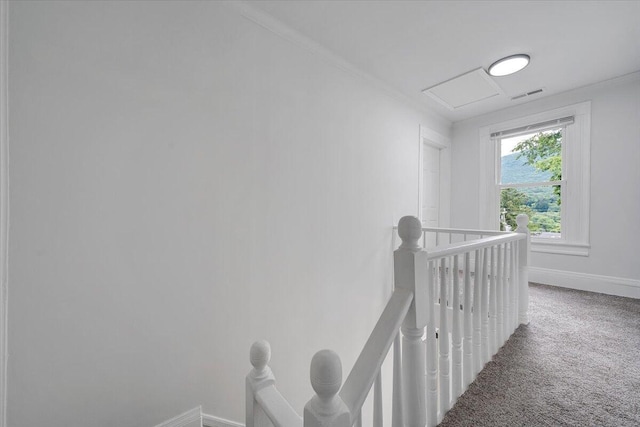496 Boyd St, Buchanan, VA 24066 - hall with an upstairs landing, carpet flooring, and ornamental molding