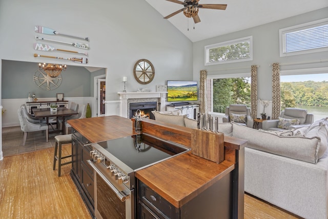 800 Long Island Dr, Moneta, VA 24121 - kitchen with butcher block countertops, open floor plan, stainless steel stove, high vaulted ceiling, and a lit fireplace