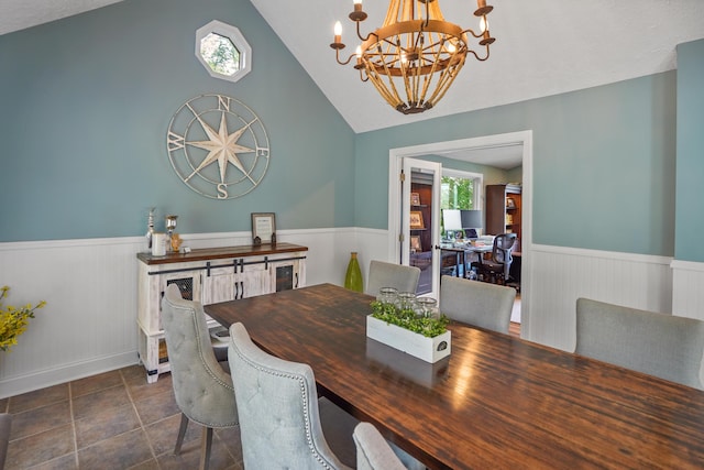 800 Long Island Dr, Moneta, VA 24121 - dining room featuring a wainscoted wall, a chandelier, and lofted ceiling