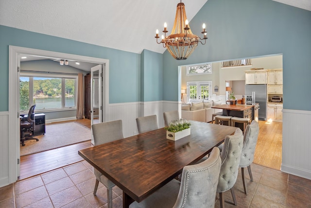 800 Long Island Dr, Moneta, VA 24121 - dining space with wainscoting, a chandelier, an office area, and high vaulted ceiling