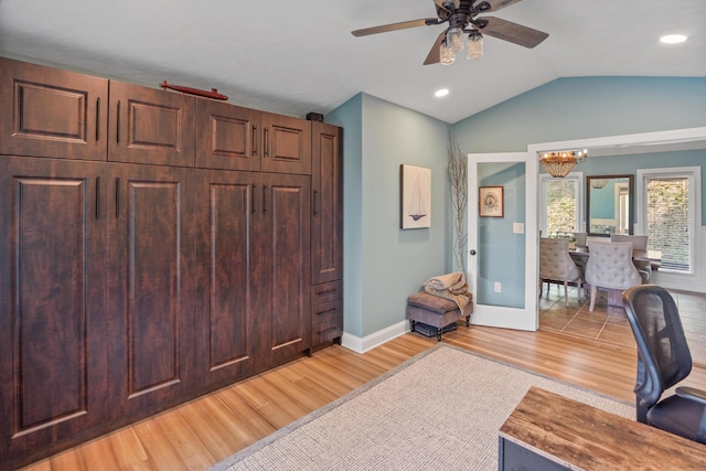 800 Long Island Dr, Moneta, VA 24121 - home office featuring light wood-style floors, ceiling fan, vaulted ceiling, a chandelier, and recessed lighting