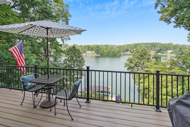 800 Long Island Dr, Moneta, VA 24121 - wooden terrace with a water view, outdoor dining space, and area for grilling