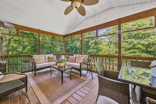 134 Sawyer Dr, Salem, VA 24153 - sunroom featuring lofted ceiling, ceiling fan, an outdoor hangout area, outdoor dining area, and view of scattered trees