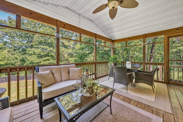 134 Sawyer Dr, Salem, VA 24153 - sunroom featuring lofted ceiling, outdoor dining area, an outdoor hangout area, a ceiling fan, and plenty of natural light