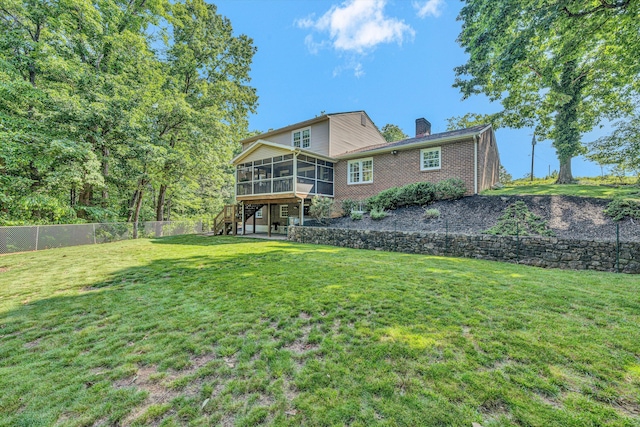 134 Sawyer Dr, Salem, VA 24153 - rear view of property with a sunroom, a chimney, stairs, and brick siding