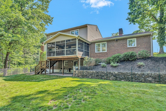 134 Sawyer Dr, Salem, VA 24153 - rear view of house featuring a sunroom, stairway, a patio area, a chimney, and brick siding
