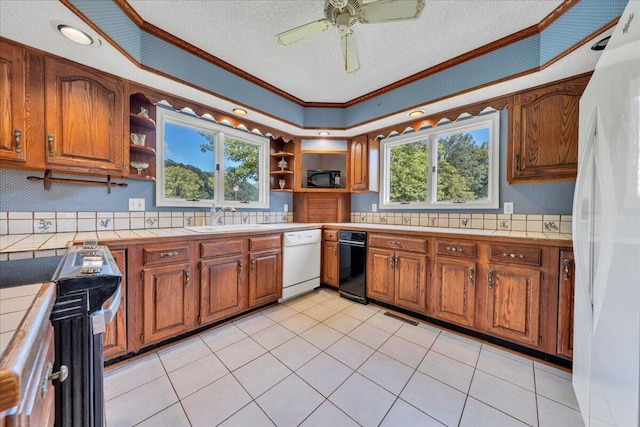 5880 Sugar Loaf Mountain Rd, Roanoke, VA 24018 - kitchen with white appliances, open shelves, tile countertops, crown molding, and brown cabinetry