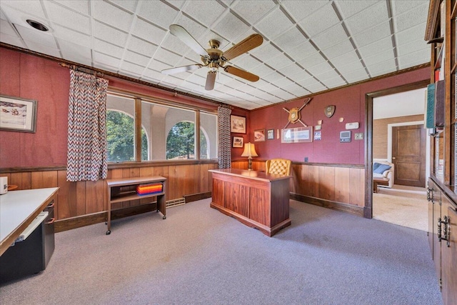 5880 Sugar Loaf Mountain Rd, Roanoke, VA 24018 - carpeted home office with a ceiling fan, wooden walls, and a wainscoted wall