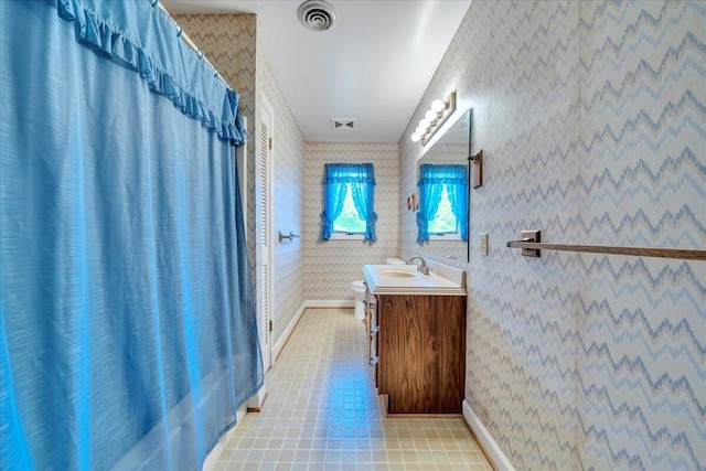 5880 Sugar Loaf Mountain Rd, Roanoke, VA 24018 - bathroom featuring vanity, wallpapered walls, tile patterned floors, and a shower with curtain